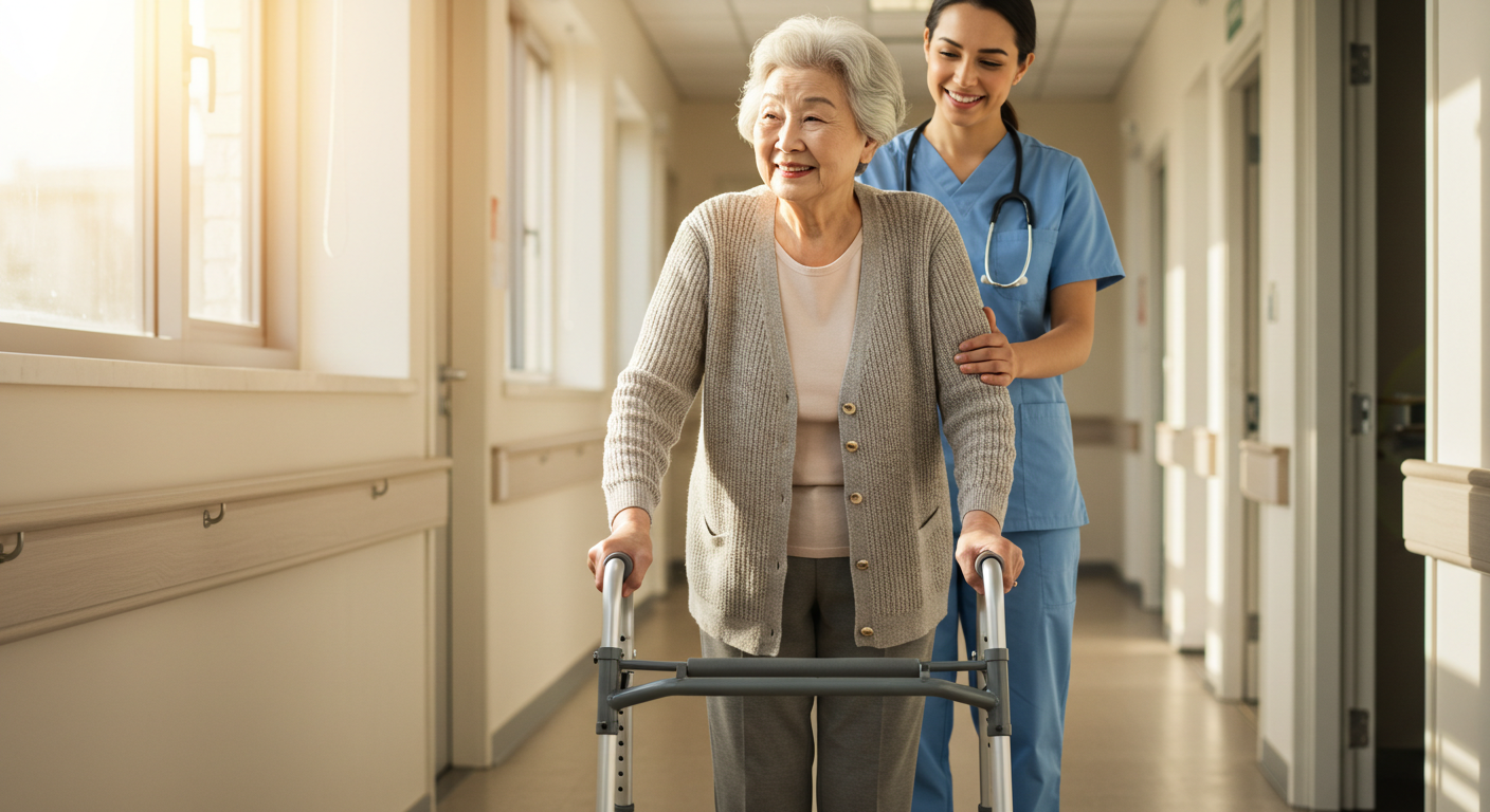 Second happy senior enjoying mobility support